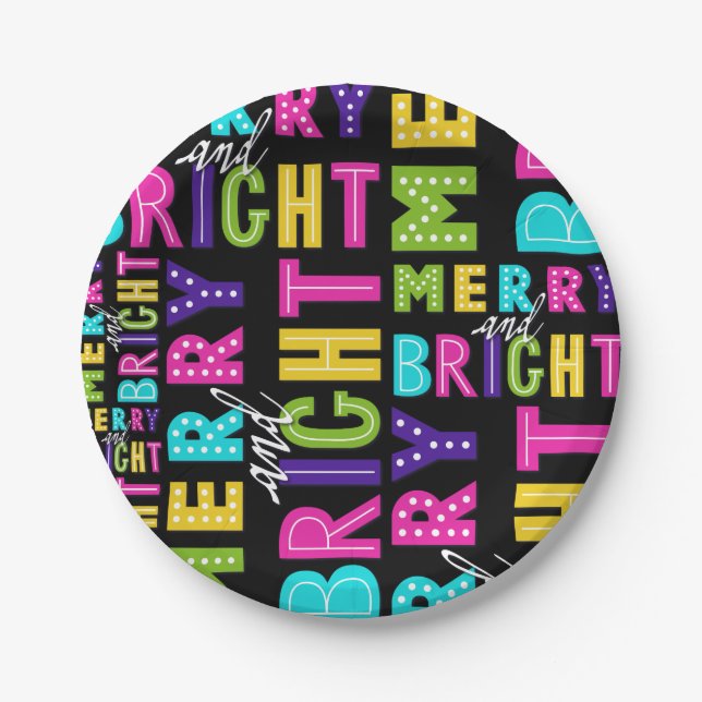 Neon Merry and Bright Paper Plate (Front)