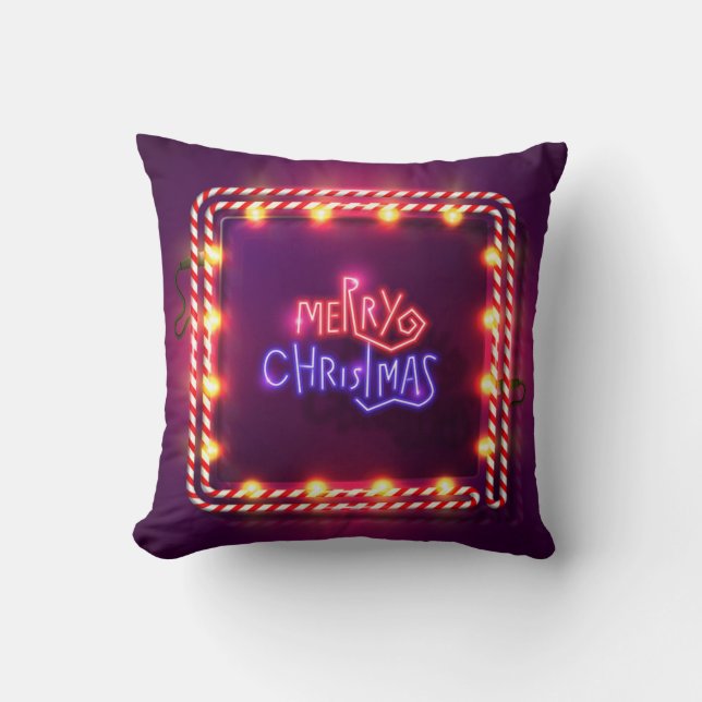 Neon Merry Christmas Candy Cane Throw Pillow (Front)