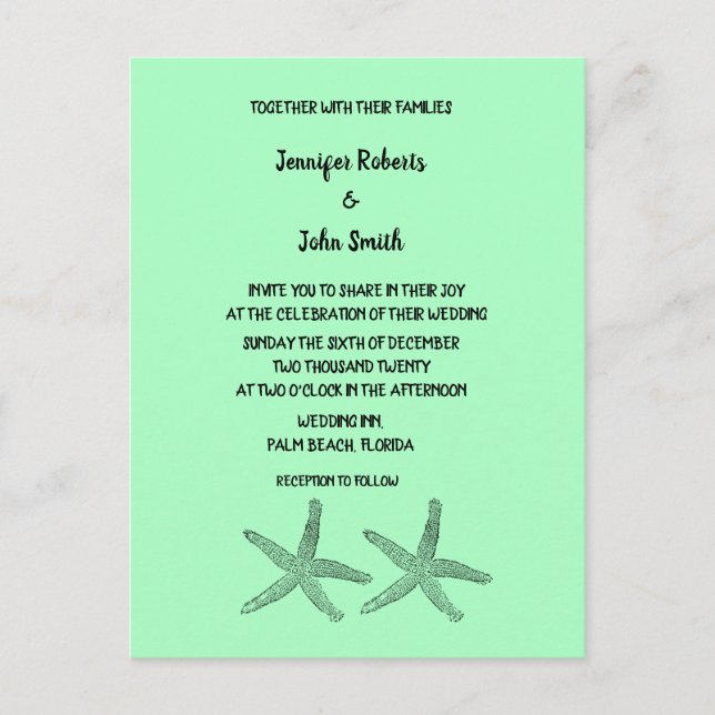 Neon Mint 2020 Starfish Patterns Elegant Wedding Invitation Postcard (Front)