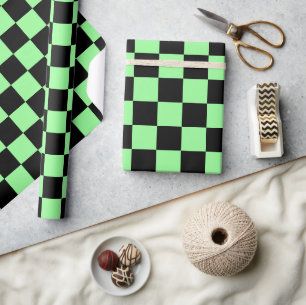 Neon Mint Black Chequered Chequerboard Vintage Wrapping Paper
