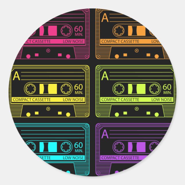 Neon Mix Tapes Classic Round Sticker (Front)