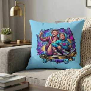 Neon Mom Son Skateboarding Art Theme Throw Pillow