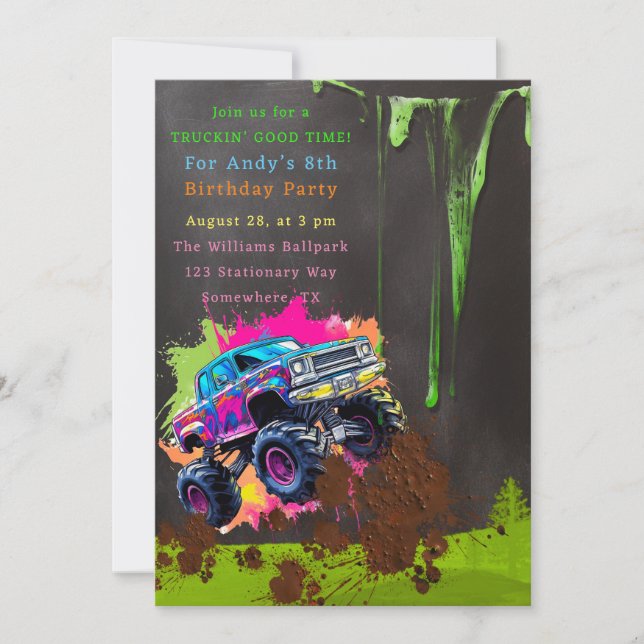 Neon Monster Truck Boy Birthday Party  Invitation (Front)