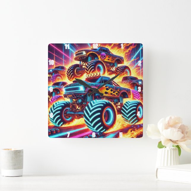 Neon Monster Trucks on a Flaming Action-Packed  Square Wall Clock (Home)