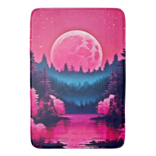 Neon Moonlit Fantasy Forest Lake Bath Mat