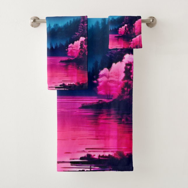 Neon Moonlit Fantasy Forest Lake Bath Towel Set (Insitu)