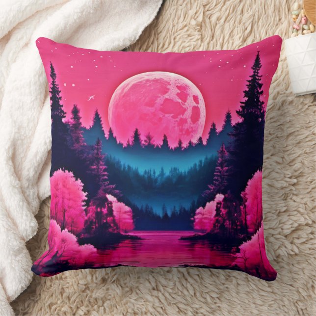 Neon Moonlit Fantasy Forest Lake Throw Pillow (Blanket)