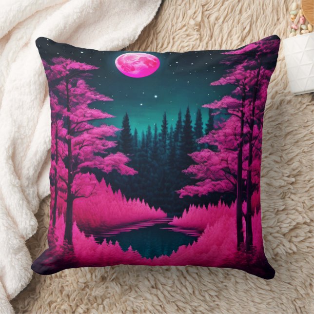 Neon Moonlit Forest Fantasy Art Throw Pillow (Blanket)