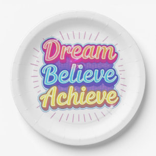 Neon motivational quote 'Dream believe achieve' Paper Plate