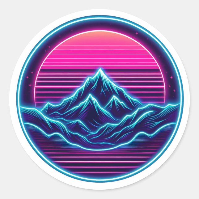 Neon Mountain Circle Design – Retro Outdoor Aesthe Classic Round Sticker (Front)