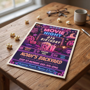 Neon Movie Night Birthday Invitation