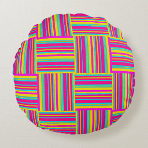 Neon Multi Coloured Weaved Squares Round Pillow