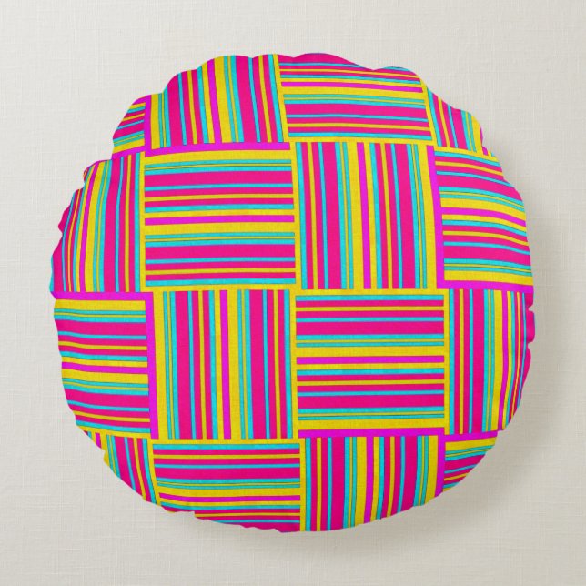 Neon Multi Coloured Weaved Squares Round Pillow (Front)
