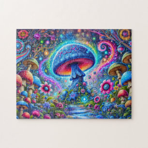 Neon Mushroom Glow Psychedelic Fantasy Forest Jigsaw Puzzle