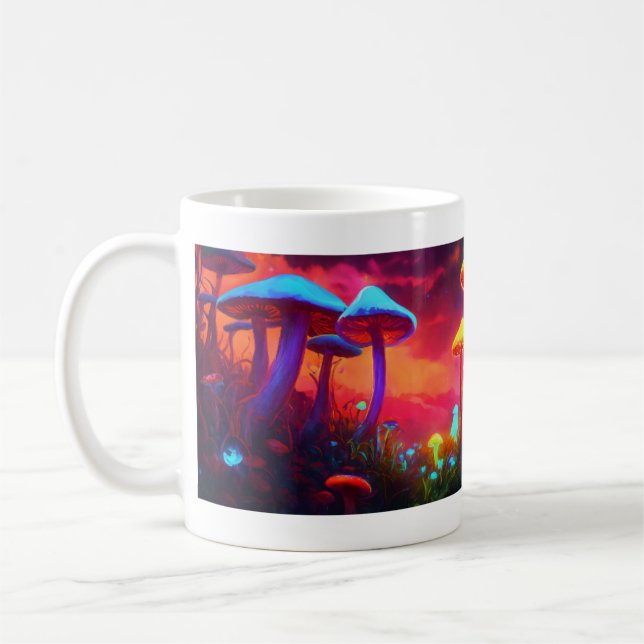 Neon Mushrooms: Psychedelic Glow Mug Design (Left)