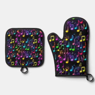Neon Music Notes On Black Oven Mitt & Pot Holder Set