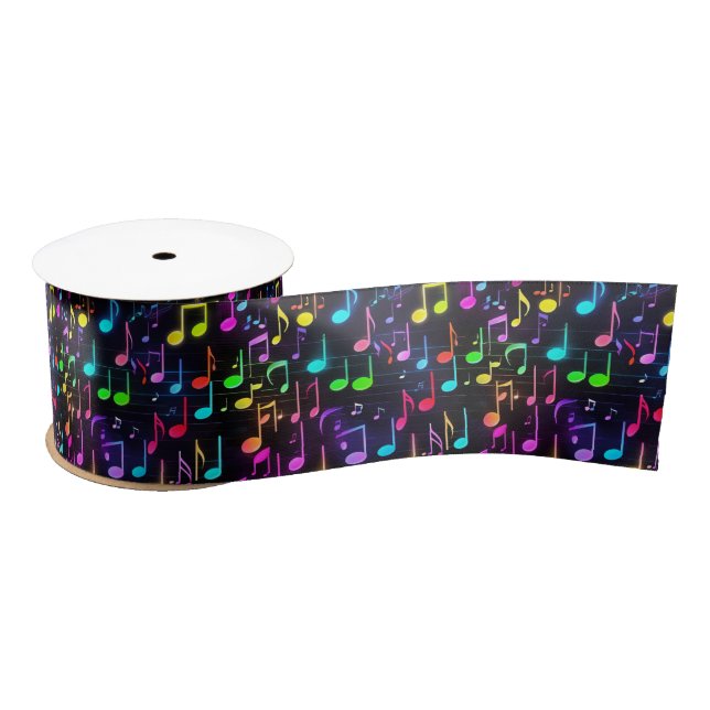 Neon Music Notes On Black Satin Ribbon (Spool)