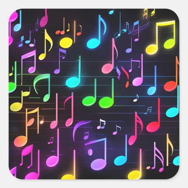 Neon Music Notes On Black Square Sticker (Front)