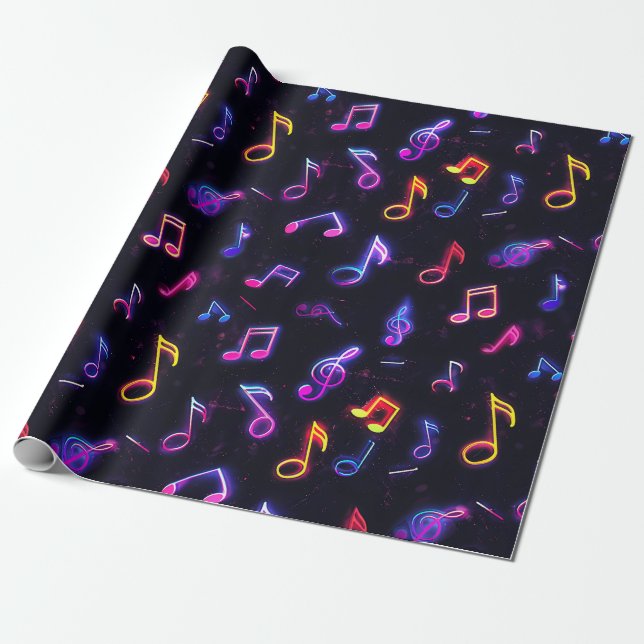 Neon Music Notes Wrapping Paper (Unrolled)