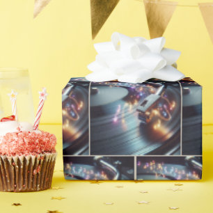 Neon Musical Notes On Turntable Wrapping Paper