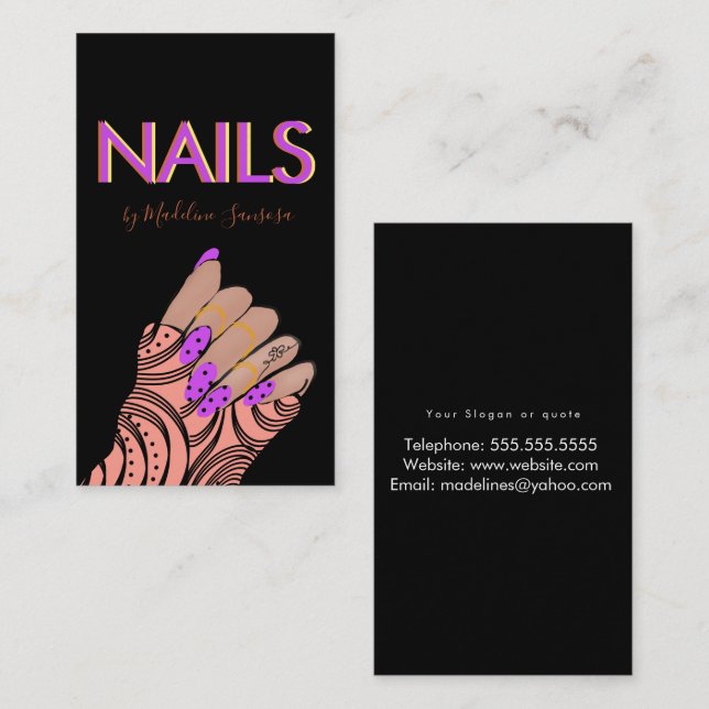 Neon Nail Tech Triple Lettering Hands  Business Card (Front/Back)