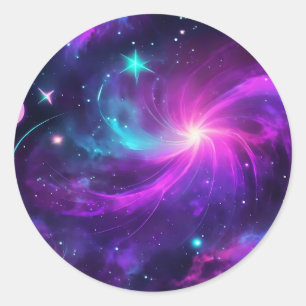 Neon Nebula Galaxy With Stars Classic Round Sticker