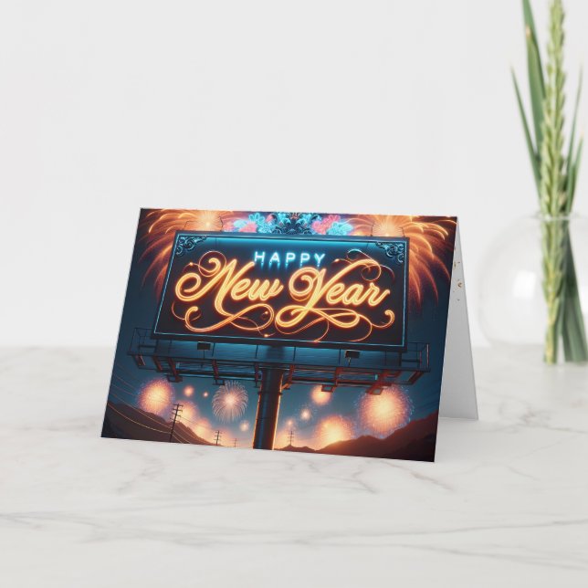 Neon New Year Billboard With Fireworks Holiday Card (Front)