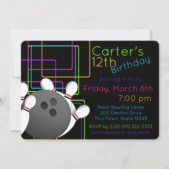 Neon Night Glow Bowling Birthday Invitation (Front)