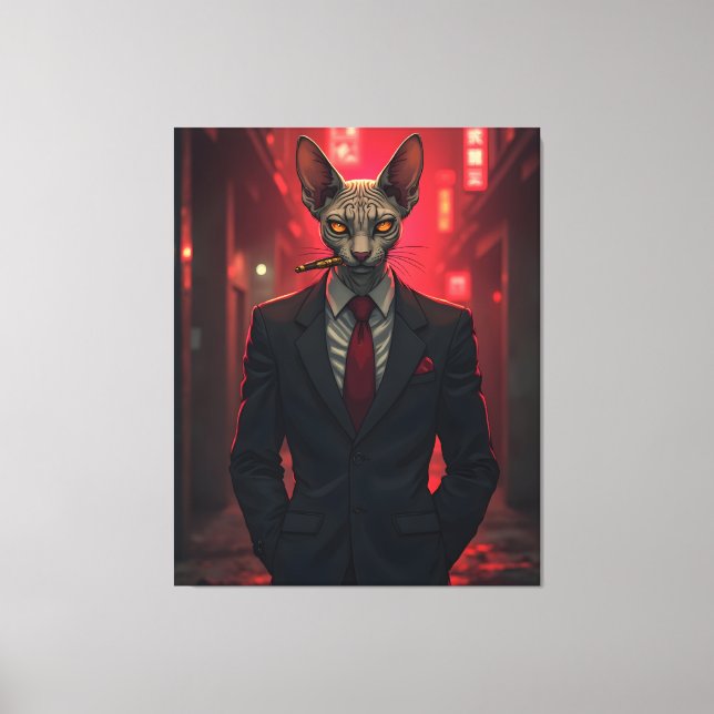 Neon Noir Sphynx Cat in Mafia Style Canvas Print (Front)
