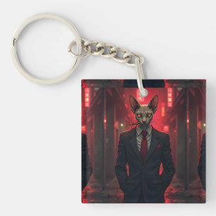 Neon Noir Sphynx Cat in Mafia Style Keychain