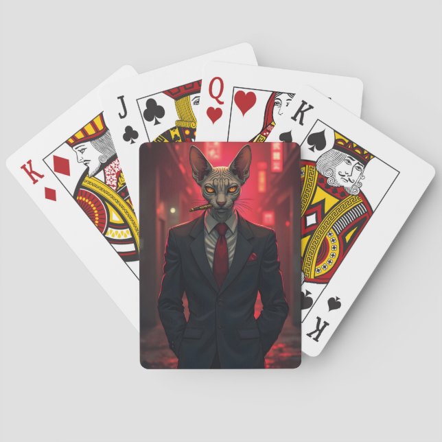 Neon Noir Sphynx Cat in Mafia Style Playing Cards (Back)