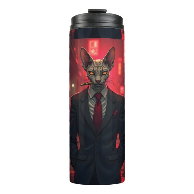Neon Noir Sphynx Cat in Mafia Style Thermal Tumbler (Front)