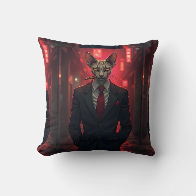 Neon Noir Sphynx Cat in Mafia Style Throw Pillow (Front)