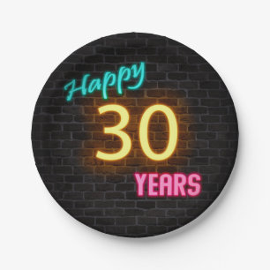 Neon number 30 sign on brick wall paper plate