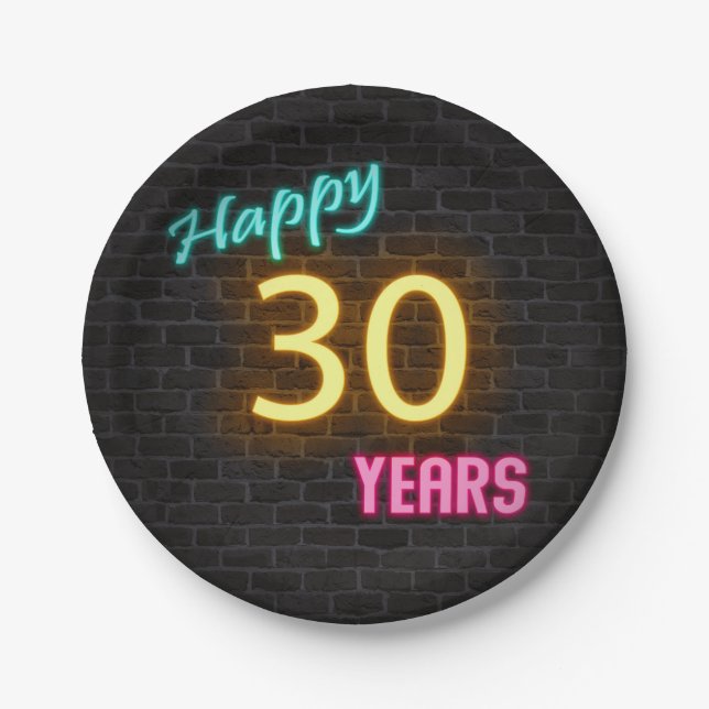 Neon number 30 sign on brick wall paper plate (Front)