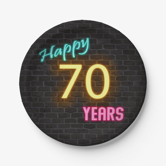 Neon number 70 sign on brick wall paper plate (Front)
