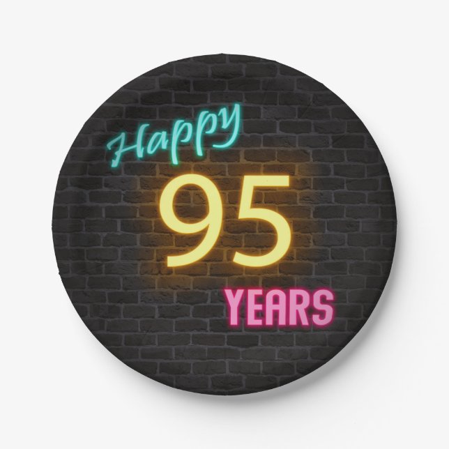 Neon number 95 sign on brick wall paper plate (Front)
