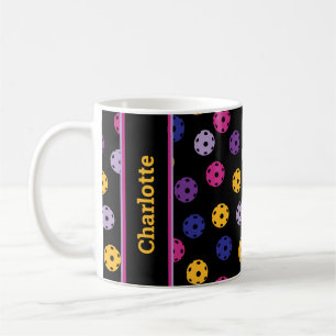 Neon on black pickleball, custom name  coffee mug