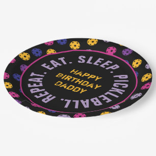 Neon on black pickleball,  custom name paper plate