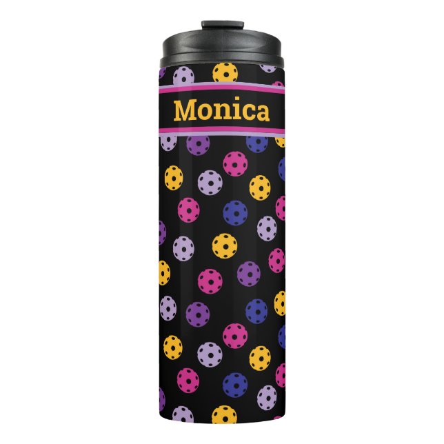 Neon on black pickleball, custom name  thermal tumbler (Front)