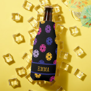 Neon on black pickleball, custom text  bottle cooler