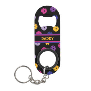 Neon on black pickleball, custom text keychain bottle opener