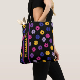 Neon on black pickleball, custom text  tote bag