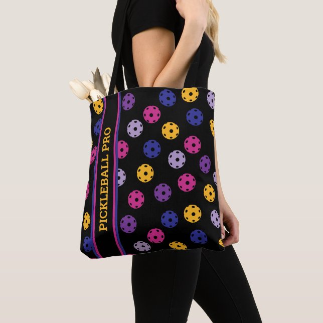 Neon on black pickleball, custom text  tote bag (Close Up)