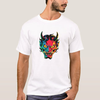Neon Oni Rage  Colourful Japanese Demon Mask Vecto T-Shirt