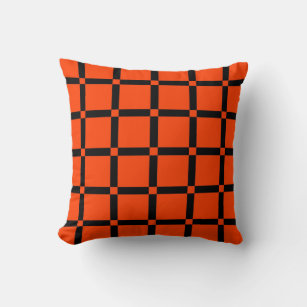 Neon Orange & Black Grid Pattern Throw Pillow