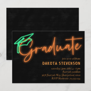 Neon Orange Light Glow Modern Retro Graduation Invitation