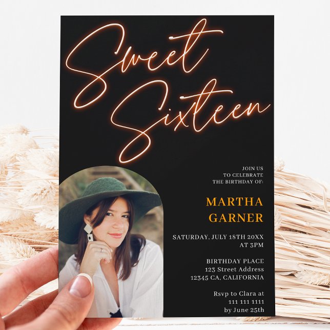 Neon orange sign script fun photo arch Sweet 16 Invitation (Creator Uploaded)