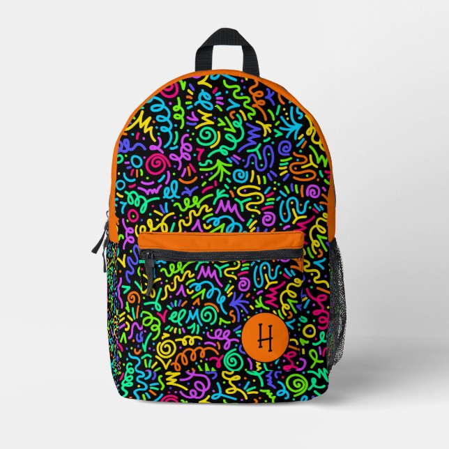 Neon Orange Squiggle Monogram  Printed Backpack (Front)