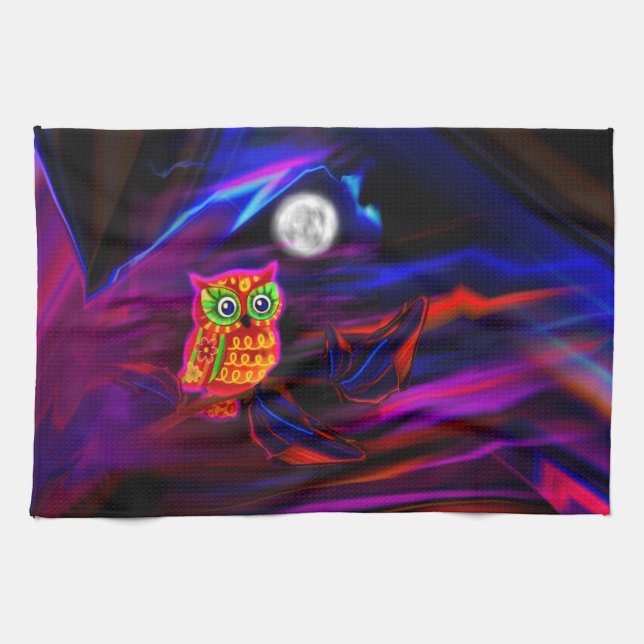 Neon Owl Thunderstorm Flash Kitchen Towel (Horizontal)